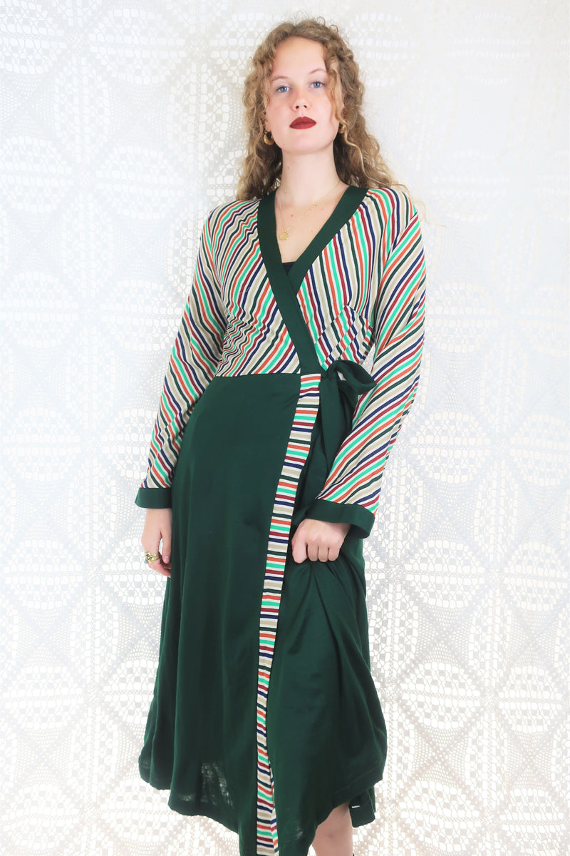 Vintage Housecoat / Wrap Dress - Green \u0026 Colourful Stripes - Size XS/S –  All About Audrey Vintage Boutique